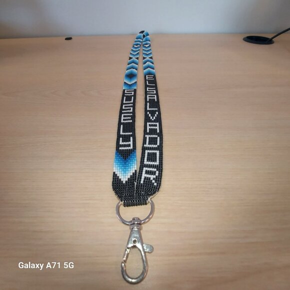 Susely El Salvador Beaded Black, Blue, and White Lanyard w/ Clip 18 inches Long - Picture 3 of 4